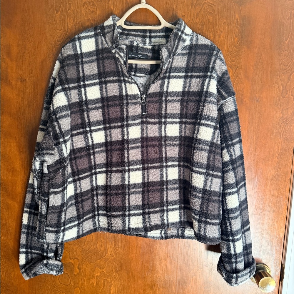 Love Tree Black and Cream Plaid Sherpa Half-Zip Pullover